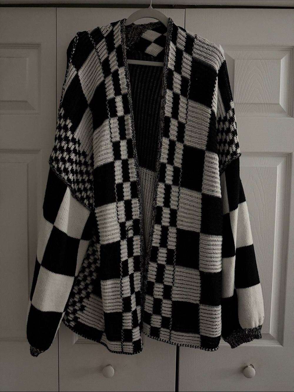 Black & White Checker Open-Front Cardigan Sweater
